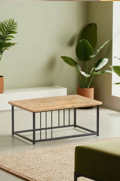 Ahşap Orta Sehpa 60x90 Modern Metal Ayak Siyah Tam Çerçeve Çam Desen Salon Ofis Balkon Sehpası - Resim 3
