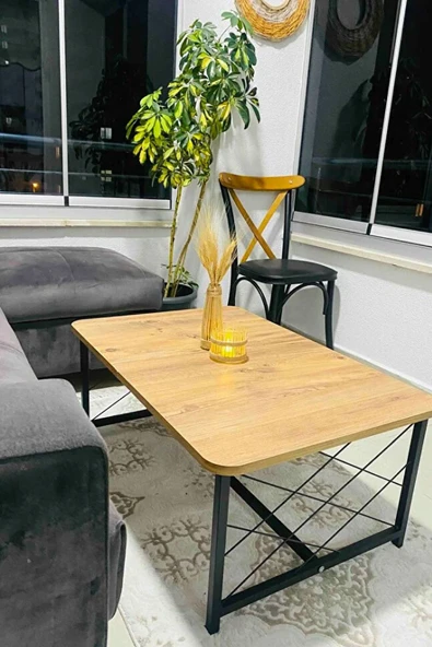 Ahşap Orta Sehpa 60x90 Modern Metal Ayak Siyah Tam Çerçeve Çam Desen Salon Ofis Balkon Sehpası - 2