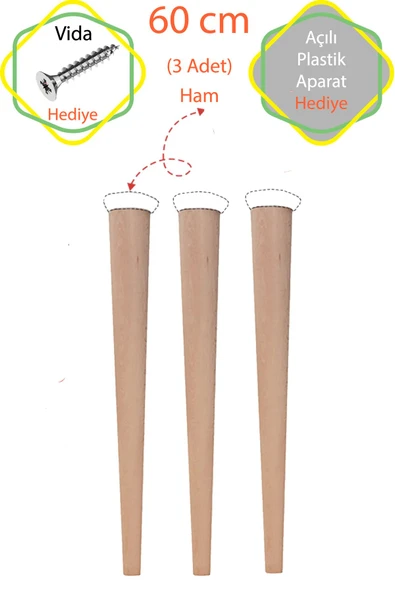 Ham 3 Adet Lüks 60 Cm Konik Ahşap Masa Ayağı Çap: 4,2 Cm Hobi Dıy (VİDA VE APARATLARIYLA BİRLİKTE) ürün görseli 1