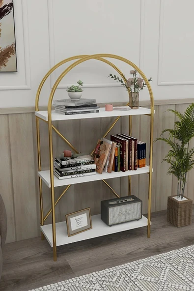 Gold-beyaz 3 Raflı Çok Amaçlı Dekoratif Metal Kitaplık Dolap Salon Banyo Ofis 100x52x25 Cm