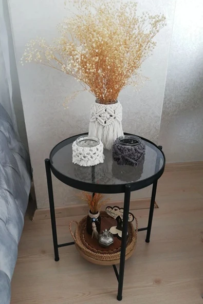 Nordic Yan Sehpa Temperli Cam 40 cm Demonte Çizilmez Kırılmaz Metal Çerçeve Raflı Minimalist Sehpa A