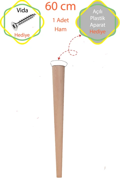 Ham 1 Adet Lüks 60 Cm Konik Ahşap Masa Ayağı Çap: 4,2 Cm Hobi Dıy (VİDA VE APARATLARIYLA BİRLİKTE)