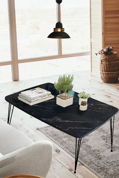 Elit Oval Siyah Mermer Masa Orta Sehpa Metal Firkete Ayaklı 50x90 Cm - 2