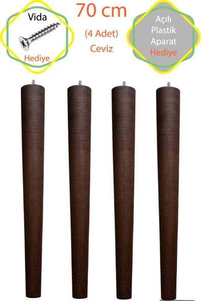 Ceviz 4 Adet Lüks 70 Cm Konik Ahşap Ham Masa Ayağı Çap: 4,2 Cm Hobi (VİDA VE APARATLARIYLA BİRLİKTE) ürün görseli 1