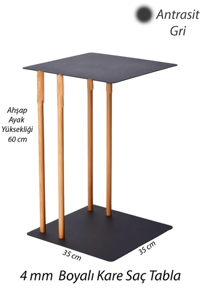Metal Kare Saç Tabla C-Sehpa Zigon Yan Koltuk Laptop Servis Sehpası Antrasit 35x35 Ham Ahşap Ayaklı - 2