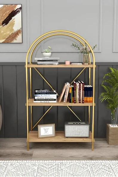 Gold-çam 3 Raflı Çok Amaçlı Dekoratif Metal Kitaplık Dolap Salon Banyo Ofis 100x52x25 Cm
