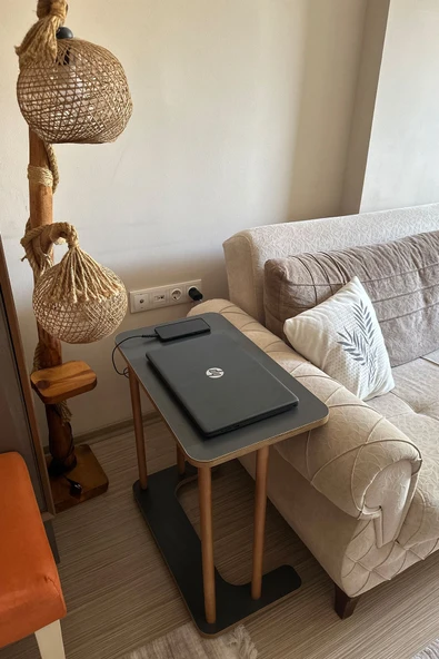 Ahşap Ayaklı Ahşap Tabla C-Sehpa Zigon Yan Koltuk Laptop Servis Sehpası Zigon Antrasit Gri 35x60 - Resim 2