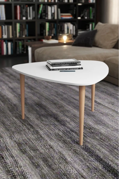 Beyaz Damla Orta Sehpa 70 Cm Üçgen Ahşap Ayak Modern Tasarım Oturma Odası Salon Ofis Balkon Sehpası