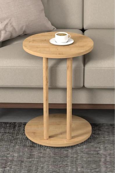 C Sehpa Yuvarlak 36 cm Çap Tekerlekli Şık Tasarım Koltuk Yan Sehpa Zigon Servis Sehpası  Safir Meşe - Resim 3