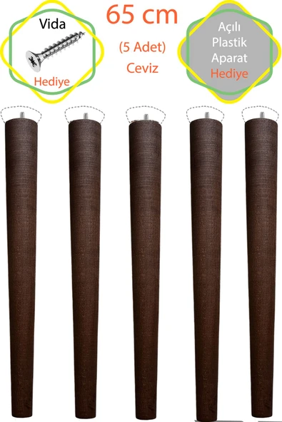 Ceviz 5 Adet Lüks 65 Cm Konik Ahşap Masa Ayağı Çap: 4,2 Cm Hobi Dıy (VİDA VE APARATLARIYLA BİRLİKTE)