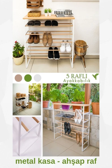 5 Raflı Metal Ayak Ahşap Raf Hafif Taşınabilir Kolay Kurulum Açık Kapaksız Ayakkabılık 28x90x9 cm ürün görseli