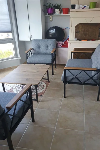 Ahşap Orta Sehpa 60x90 Modern Metal Ayak Siyah Tam Çerçeve Çam Desen Salon Ofis Balkon Sehpası - 3