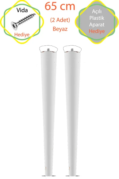 Beyaz 2 Adet Lüks 65 Cm Konik Ahşap Masa Ayağı Çap: 4,2 Cm Hobi Dıy (VİDA VE APARATLARIYLA BİRLİKTE)