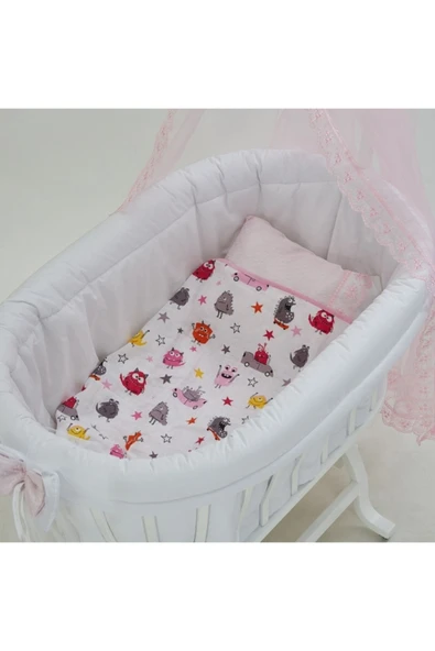 Sepet Beşik Için 6 Parça Lüks Dream Pembe Beyaz Giydirme Kumaş Uyku Seti Takımı -beşik Hariç - 3