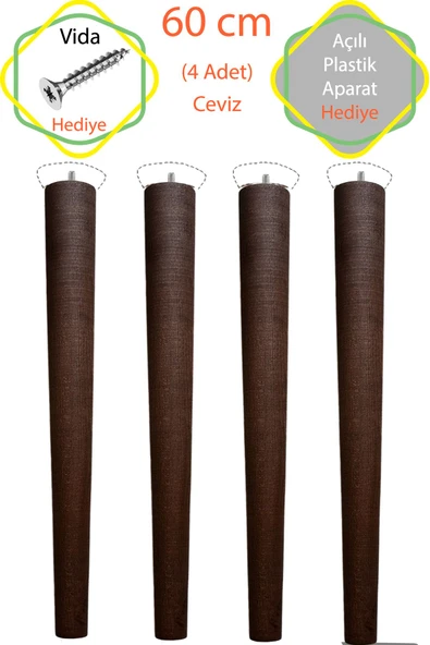 Ceviz 4 Adet Lüks 60 Cm Konik Ahşap Masa Ayağı Çap: 4,2 Cm Hobi Dıy (VİDA VE APARATLARIYLA BİRLİKTE)