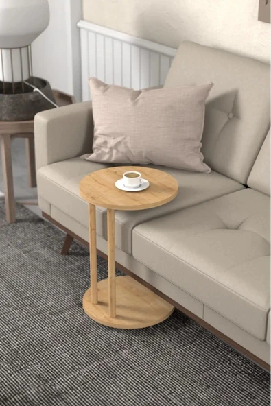 C Sehpa Yuvarlak 36 cm Çap Tekerlekli Şık Tasarım Koltuk Yan Sehpa Zigon Servis Sehpası  Safir Meşe - Resim 2