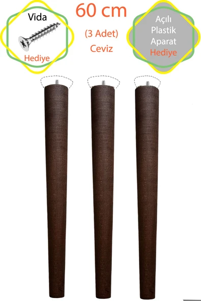 Ceviz 3 Adet Lüks 60 Cm Konik Ahşap Masa Ayağı Çap: 4,2 Cm Hobi Dıy (VİDA VE APARATLARIYLA BİRLİKTE)