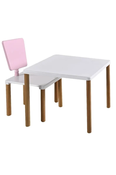 Tek Sandalyeli Ahşap Montessori Çocuk Oyun Etkinlik Aktivite Masa Seti Lake Cilalı Mdf (46x46x42) Cm