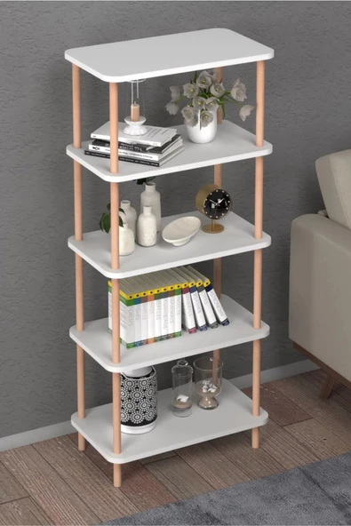 Dekoratif 5 Raflı Kitaplık Eşya Düzenleyici Mutfak, Salon, Ofis, Koridor, Balkon Rafı Beyaz