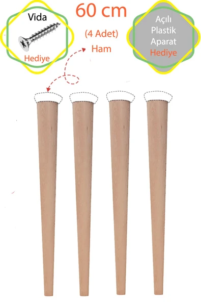 Ham 4 Adet Lüks 60 Cm Konik Ahşap Masa Ayağı Çap: 4,2 Cm Hobi Dıy (VİDA VE APARATLARIYLA BİRLİKTE)