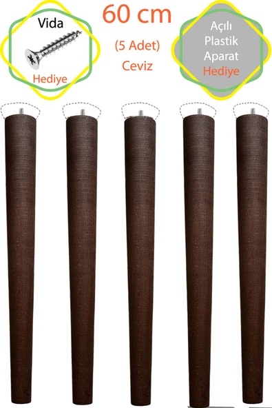 Ceviz 5 Adet Lüks 60 Cm Konik Ahşap Masa Ayağı Çap: 4,2 Cm Hobi Dıy (VİDA VE APARATLARIYLA BİRLİKTE)