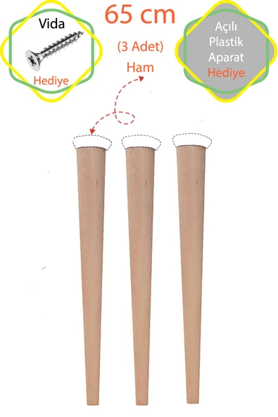 Ham 3 Adet Lüks 65 Cm Konik Ahşap Masa Ayağı Çap: 4,2 Cm Hobi Dıy (VİDA VE APARATLARIYLA BİRLİKTE) ürün görseli 1