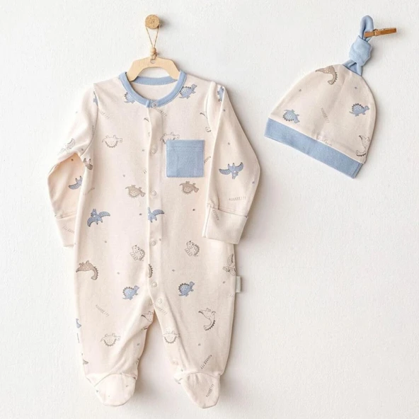 AC25919 Romper Hat Set Dino Bebek Tulum Takım Beige
