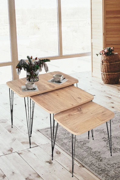 Elit Orta & Mis Zigon Metal Ayak Sehpa Set Takımı Atlantik Çam - 3