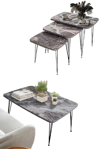 Elit Orta & Mis Zigon Metal Ayak Sehpa Set Takımı Mermer Gri
