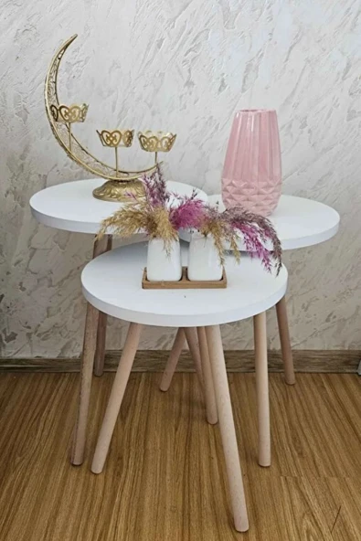 3'lü Zigon Sehpa Seti | Saksılık ve Çiçeklik Standı, Dekoratif Yan Sehpa Ahşap Ayaklı (33 cm çap ) B