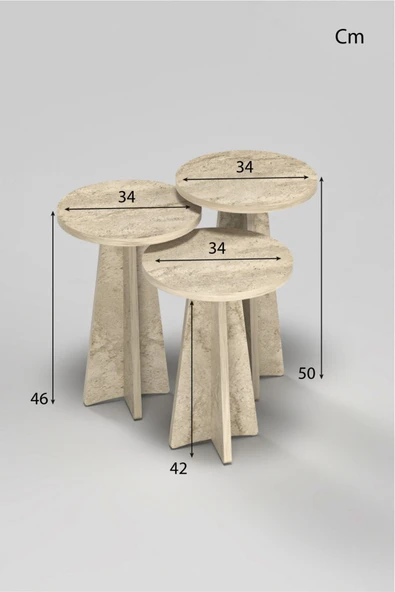 3'lü Zigon Sehpa Bohem Stil Traverten Desenli Mantar Model 34 Çap Yuvarlak - İskandinav - Resim 2