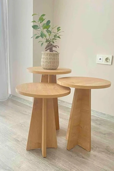 3'lü Zigon Sehpa Bohem Stil Mantar Model 34 Çap Yuvarlak -Safir Meşe İskandinav