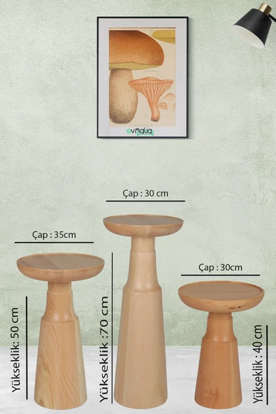 Mantar Yan Sehpa 3'lü Set Ihlamur Ağacı Masif Ahşap Naturel Güğüm Boy:40 -50-70 Cm /çap:30-35-30 - Resim 3