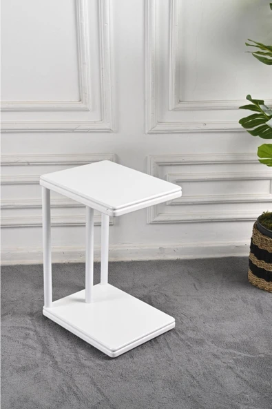 Tekerlekli Lake Ayaklı Mdf Kaplama Beyaz Tabla C-sehpa Zigon Yan Koltuk Laptop Servis Sehpası 35x43 - Resim 3