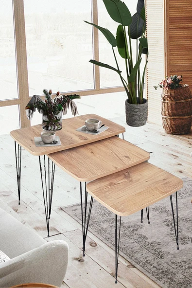 Ahşap Mis Zigon Sehpa Atlantik Çam Metal Firkete Ayaklı - Resim 2