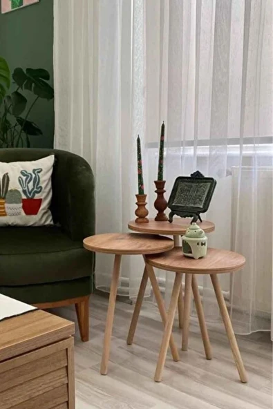 3'lü Zigon Sehpa Seti | Saksılık ve Çiçeklik Standı, Dekoratif Yan Sehpa Ahşap Ayaklı (33 cm çap ) A