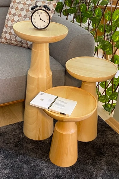 Mantar Yan Sehpa 3'lü Set Ihlamur Ağacı Masif Ahşap Naturel Güğüm Boy:40 -50-70 Cm /çap:30-35-30 ürün görseli 1