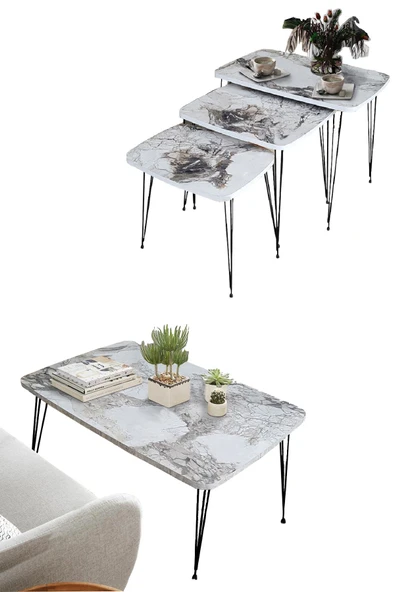 Elit Orta & Mis Zigon Metal Ayak Sehpa Set Takımı Mermer Beyaz