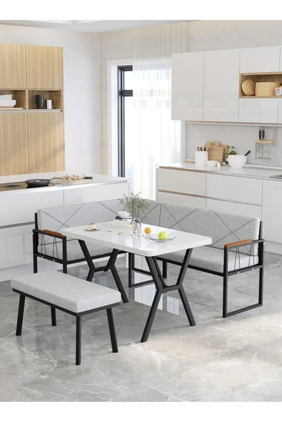 Src 70x110cm Beyaz Masalı, Köşe Takımı, Mutfak, Balkon Köşe Takımı, Mutfak Masası Takımı - Açık Gri