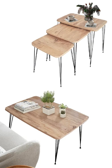 Elit Orta & Mis Zigon Metal Ayak Sehpa Set Takımı Atlantik Çam