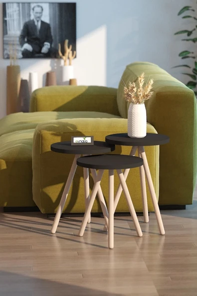 3'lü Zigon Sehpa Seti | Saksılık ve Çiçeklik Standı, Dekoratif Yan Sehpa Ahşap Ayaklı (33 cm çap ) S ürün görseli 1