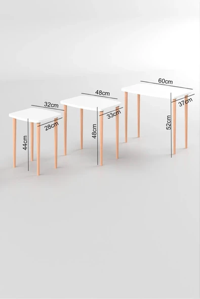 Astor Beyaz Zigon Sehpa Dikdörtgen 3'lü İç İçe Geçebilen Ahşap Ayaklı Çam Desen Yüzey 60Gx37Dx52Y - Resim 3