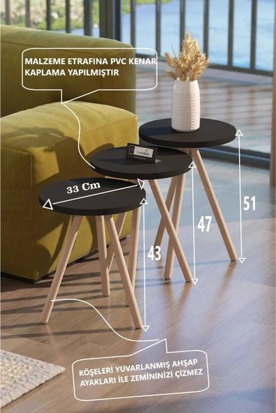 3'lü Zigon Sehpa Seti | Saksılık ve Çiçeklik Standı, Dekoratif Yan Sehpa Ahşap Ayaklı (33 cm çap ) S - Resim 2