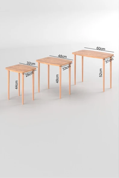 Astor Çam Zigon Sehpa Dikdörtgen 3'lü Set İç İçe Geçebilen Ahşap Ayaklı Çam Desen Yüzey 60Gx37Dx52Y - 3