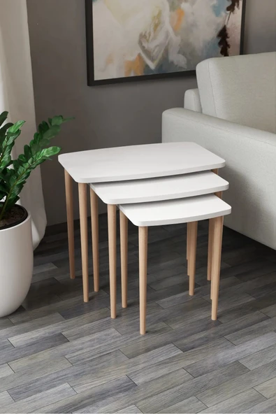 Astor Beyaz Zigon Sehpa Dikdörtgen 3'lü İç İçe Geçebilen Ahşap Ayaklı Çam Desen Yüzey 60Gx37Dx52Y - Resim 2