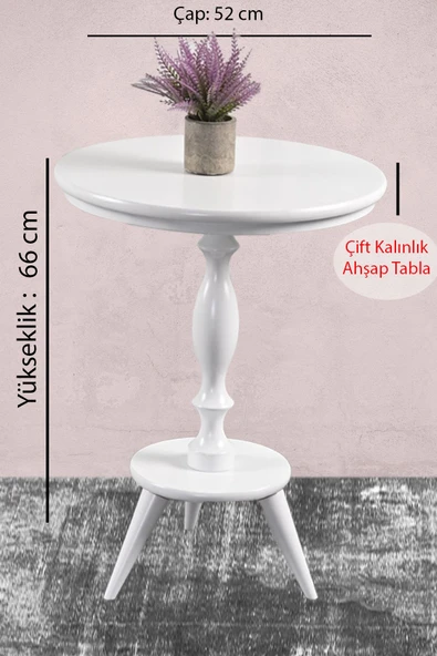 Dekoratif Fiskos Ahşap Torna Beyaz Cilalı Ayak Mdf Yan Sehpa Çiçeklik Vazo Abajur Standı 52 Cm Çap - 3