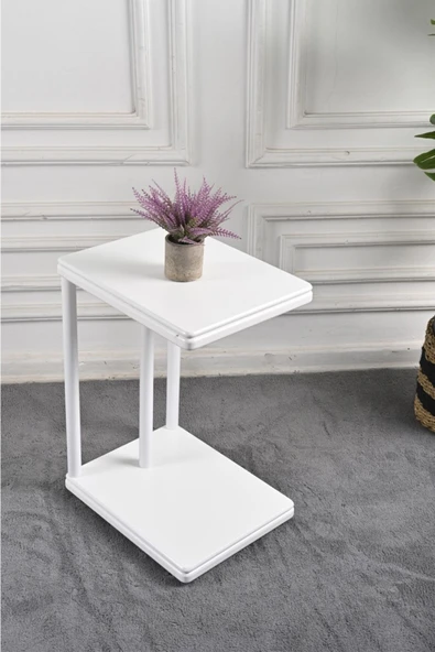 Tekerlekli Lake Ayaklı Mdf Kaplama Beyaz Tabla C-sehpa Zigon Yan Koltuk Laptop Servis Sehpası 35x43 ürün görseli 1
