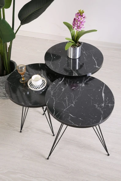 Firkete Metal Ayak Mermer Desenli 3'lü Zigon Sehpa Siyah - Resim 2