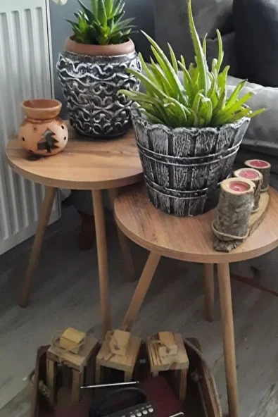 2'li Zigon Sehpa Seti | Saksılık ve Çiçeklik Standı, Dekoratif Yan Sehpa Ahşap Ayaklı (33 cm çap ) A