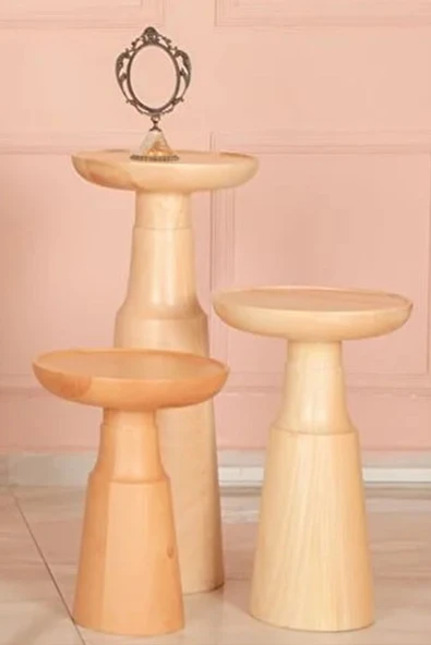 Mantar Yan Sehpa 3'lü Set Ihlamur Ağacı Masif Ahşap Naturel Güğüm Boy:40 -50-70 Cm /çap:30-35-30 - Resim 2